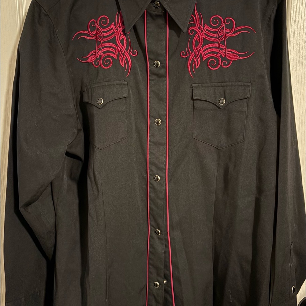 Roper Black Shirt with Red Embroidery and Guitars on back XL